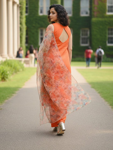 Sleeveless Orange Kurta with Floral Dupatta and Pants