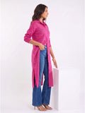Pink Shirt-Style Kurta Elevated With Chic Contrast Stitch Detailing.