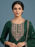 Elegant In Deep Green, This Straight-Fit Kurta With Intricate Zari-Embroidered Yoke Is Paired With Ankle-Length Solid Trousers And A Matching Zari-Accented Dupatta