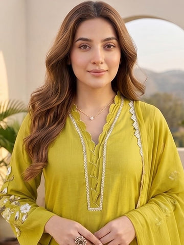 Kurta Set With 3D Work On The Sleeves Paired With Solid Trousers And Dupatta.