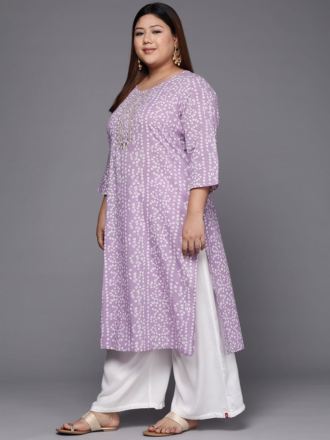 Varanga Women Plus Size Lavender & White Bandhani Printed Gotta Patti Kurta