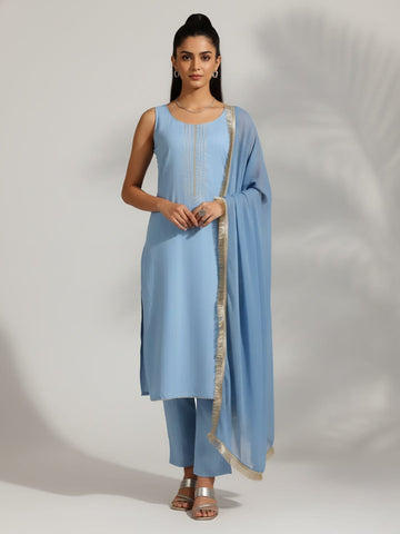 Varanga Women Blue Straight Kurta With Tonal Bottom & Dupatta