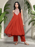 Varanga Women Halter Neck Zari And Sequence Embroidered Sleeveless Flared Kurta Paired With Tonal Bottom