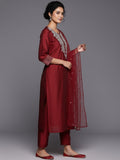 Varanga Women Red Embroidered Kurta With Tonal Trouser And Printed Dupattta