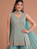 Sea Blue Embroidered Kurta Set Featuring Zari And Sequin Work With A Matching Flared Palazzo And Embellished Dupatta