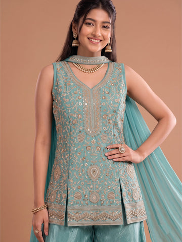 Sea Blue Embroidered Kurta Set Featuring Zari And Sequin Work With A Matching Flared Palazzo And Embellished Dupatta