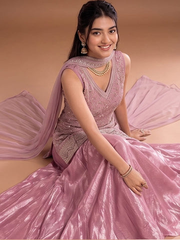 Mauve Embroidered Kurta Set Featuring Zari And Sequin Work With A Matching Flared Palazzo And Embellished Dupatta