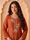 Rust Shiny Kurta Set With Embroidered Dupatta