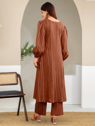 Varanga Women Brown Lurex A- Line Kurta With Trousers