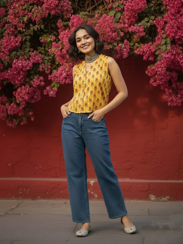 Bright Yellow Small Printed Cotton Top
