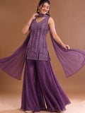 Purple Embroidered Kurta Set Featuring Zari And Sequin Work With A Matching Flared Palazzo And Embellished Dupatta
