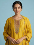 Vichitra Bead-Embellished Round Neck Kurta, Solid Ankle-Length Trousers, And An Elegant Embroidered Dupatta