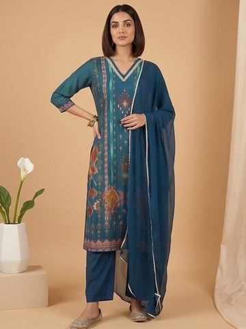 Varanga Women 3-Piece Blue Ikat-Printed Kurta Set With Solid Trousers And A Lace-Trimmed Dupatta