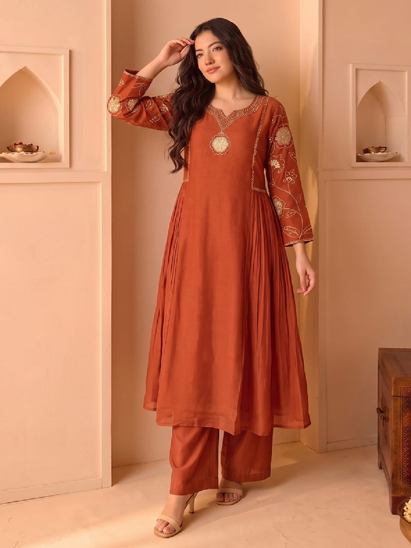 Rust Embroidered Shimmer Kurta Set With Embroidered Dupatta