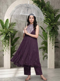 Varanga Women Purple Embroidered Sleeveless Flared Kurta Paired With Tonal Bottom