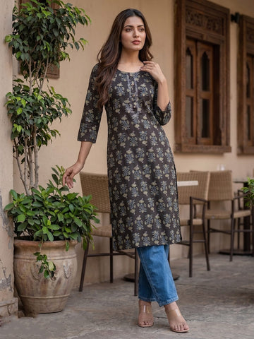 Women's Black Straight Printed Kurta