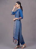 Blue Printed Kurta Set In Modal Silk