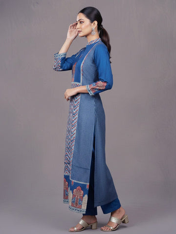 Blue Printed Kurta Set In Modal Silk
