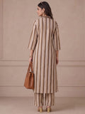 Women Brown Striped Shirt Collar Kurta Set