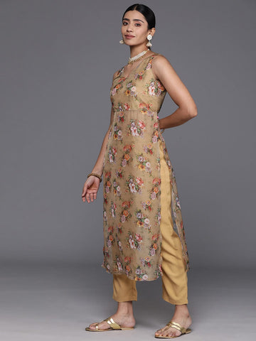 Varanga Beige Floral Printed High Slit Fusion Kurta with Trousers