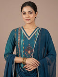 varanga Women A Vibrant 3-Piece Blue Ikat-Printed Kurta Set With Solid Trousers And A Lace-Trimmed Dupattaâ€”Perfect For Festive Occasions, Styled Best With Jhumkas, Juttis, And Soft Glam Makeup.
