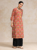 Varanga Women Pink And Yellow Floral Printed Straight Kurta