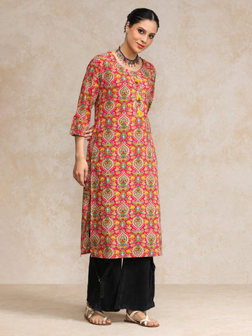 Varanga Women Pink And Yellow Floral Printed Straight Kurta