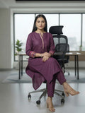 Varanga Women Mandarin Collar Thread Embroidered With Pleate Deatialing Kurta Paired With Bottom