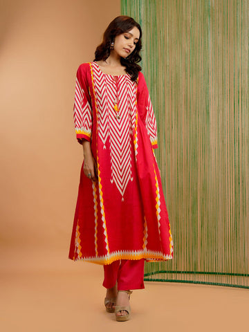 Women's Straight-Fit Red Kurti featuring Geometric Front Panel