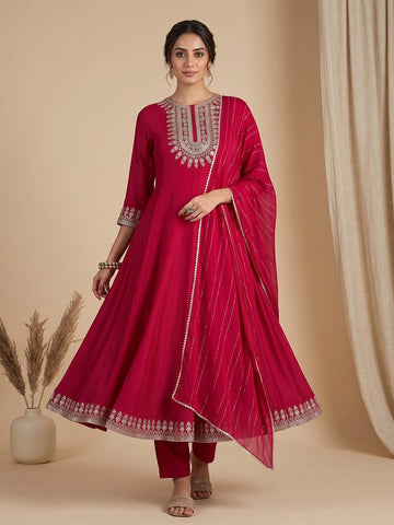 3-Piece Anarkali Set Vichitra Fabric With Zari Embroidery