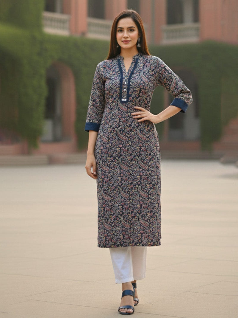 Red Ethnic Printed Straight Kurta with V-Neck and Three-Quarter Sleeves