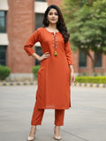 Solid straight-fit kurta with graceful embroidery and a round neckline, paired with full-length elasticated straight trousers.