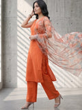 Sleeveless Orange Kurta with Floral Dupatta and  Pants