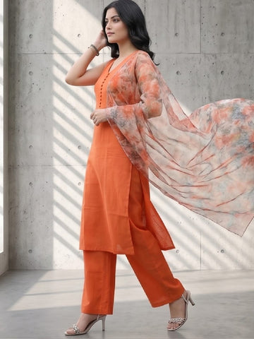Sleeveless Orange Kurta with Floral Dupatta and Pants