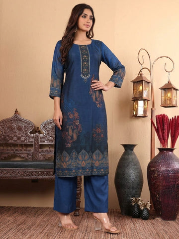 Varanga Women Ethnic placement Printed Chanderi Silk Kurta with Palazzos & Dupatta