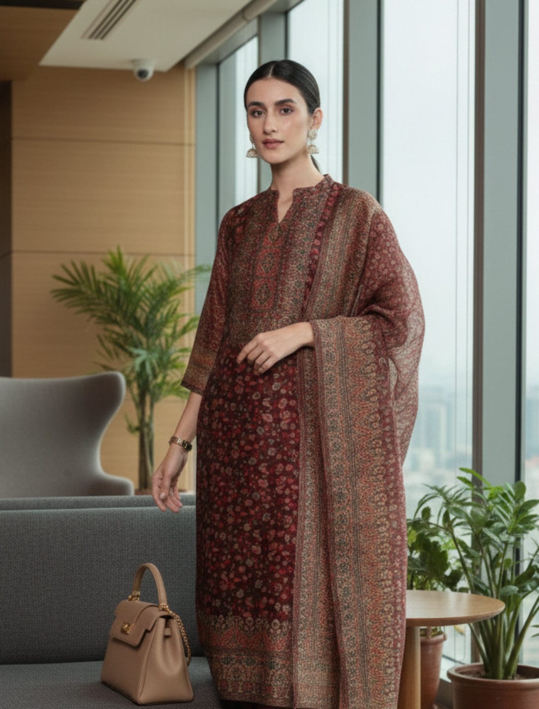 Varanga Women Brown Printed Straight Kurta Paired With Solid Bottom And Printed Dupatta