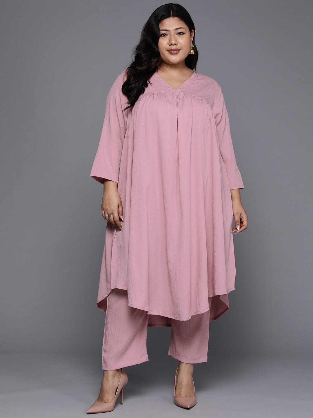 Varanga Women Plus Size Pink Empire Gathered Details A-Line Kurta Paired With Tonal Bottom