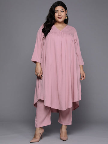 Varanga Women Plus Size Pink Empire Gathered Details A-Line Kurta Paired With Tonal Bottom