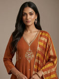 Rust Orange Embroidered Kurta Set With Metallic Striped Dupatta