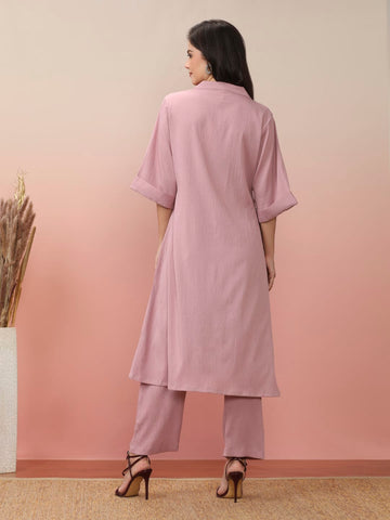 Varanga Women Pink Shirt Collar Neck A-Line Kurta Paired With Tonal Bottom