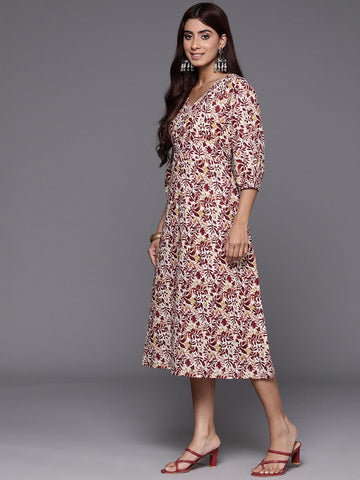 KSUT Women Maroon Floral Printed Midi Dress