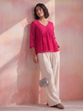 Women's Pink Bandhani Print Peplum Top With V-Neck And Gota Work Detailing