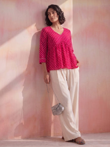 Women's Pink Bandhani Print Peplum Top With V-Neck And Gota Work Detailing