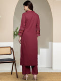 Varanga Women Maroon V Neck, Three Quater Sleeves With Tonal Cotton Lace Straight Kurta Paired With Tonal Bottom