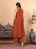 Varanga Women Nude Yoke Embroidered Sleeveless Flared Kurta With Trousers.