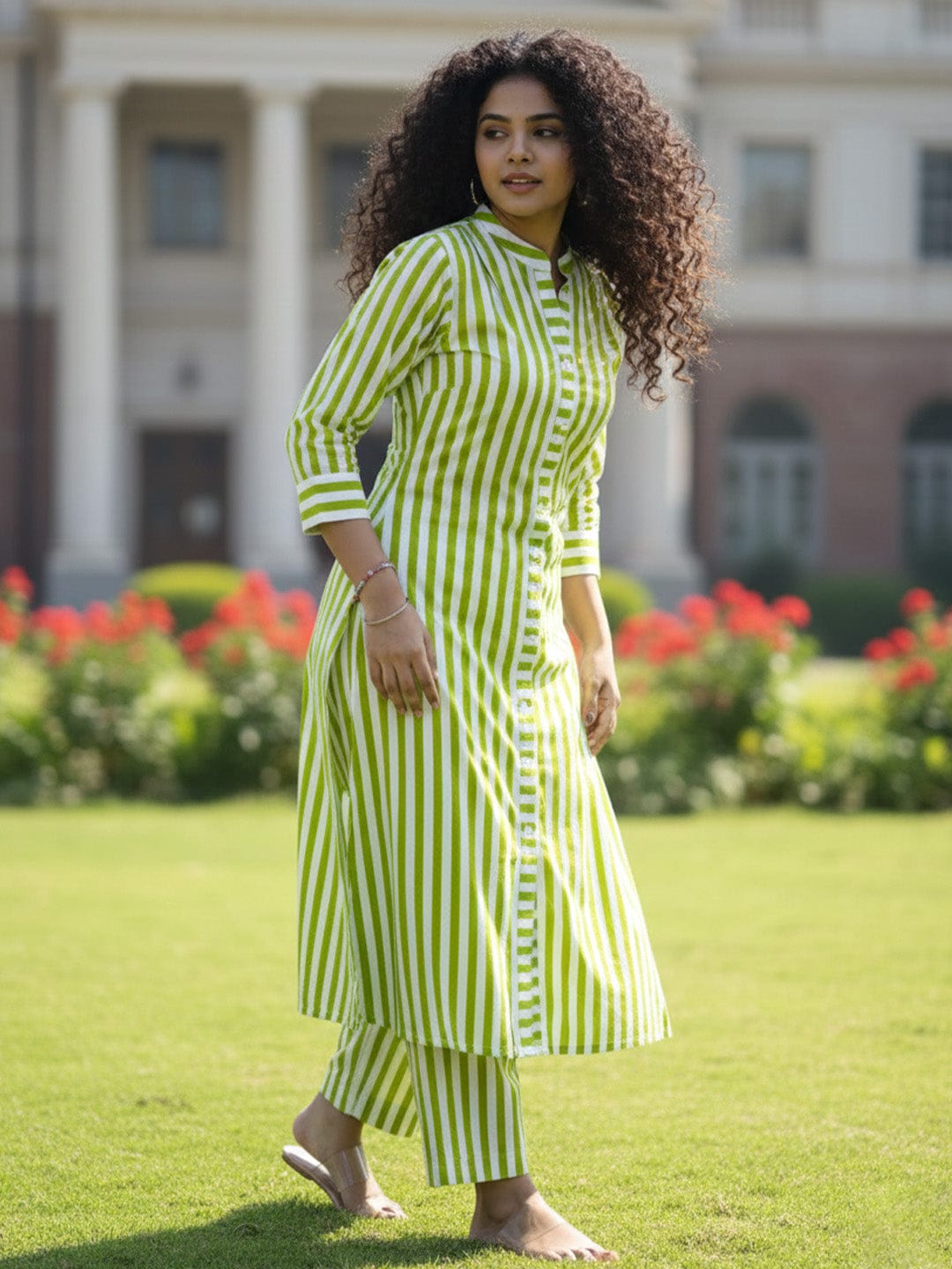 Lime stripes Button-Down Kurta set