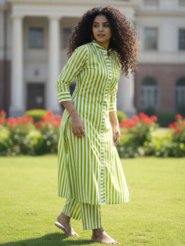 Lime stripes Button-Down Kurta set