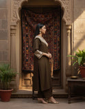 Zari Embroidered Lace Neck Flared Kaftan with Trouser
