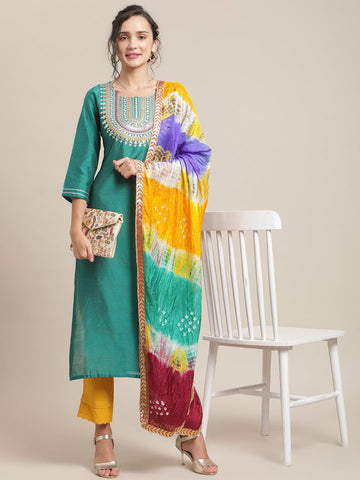 Varanga Women Teal Green Yoke Design Regular Kurta With Trousers & With Dupatta