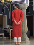 Red Ethnic Kurta Featuring Embroidered Yoke Detailing With Mirror.